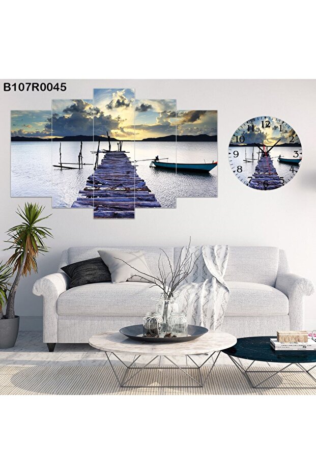 Parçalı Ahşap Duvar Tablo 5 Parça Set Ve Saatli - 1