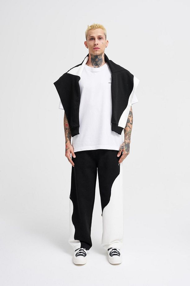 Erkek Distressed Stitch Baggy Siyah Ekru Eşofman Altı - 8