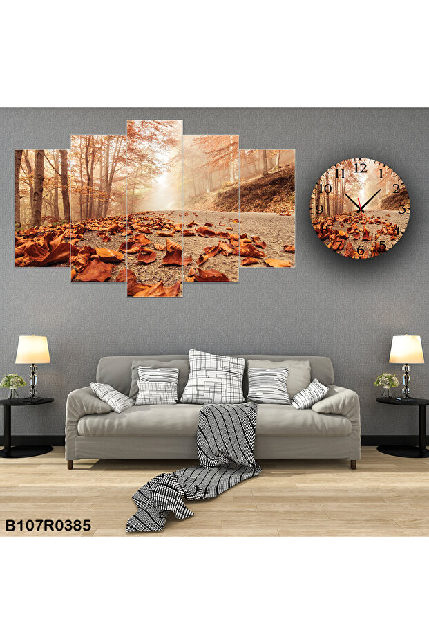 Parçalı Ahşap Duvar Tablo 5 Parça Set Ve saatli - 1