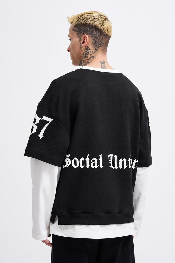 Erkek Contrast Layerd Siyah Ekru Sweatshirt - 6