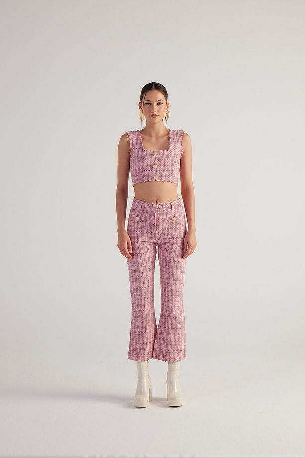 İspanyol Kesim Tüvit Tweed Pantolon Pembe - 3