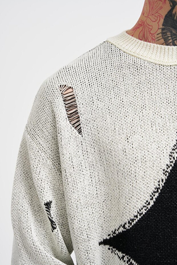 Erkek Patterned Ekru Kazak - 4