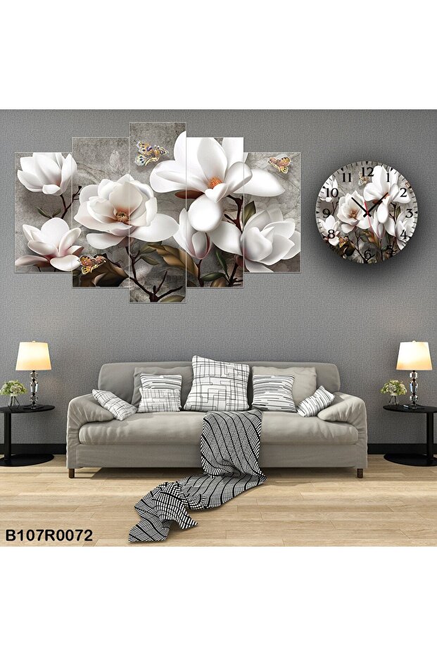 Parçalı Ahşap Duvar Tablo 5 Parça Set Ve Saatli - 1