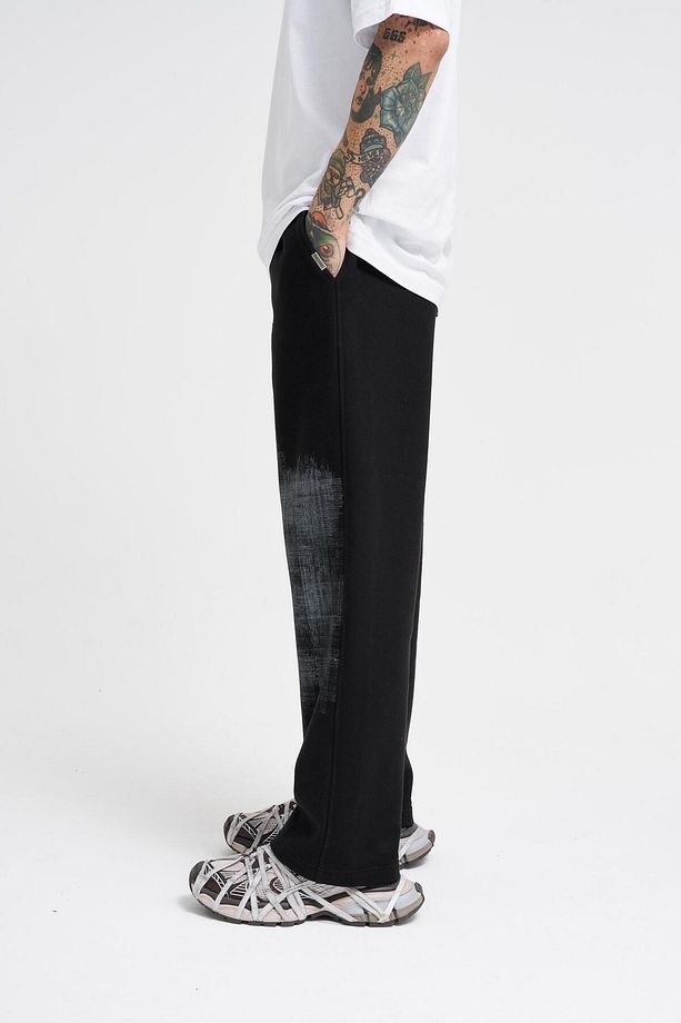 Erkek Distressed Printed Baggy Siyah Eşofman Altı - 2