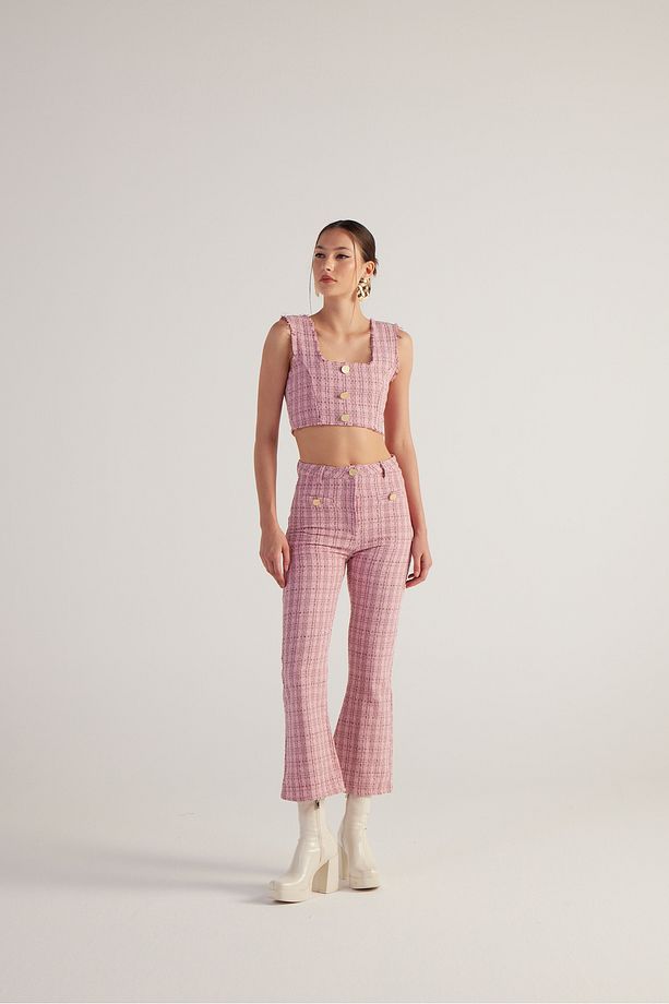 İspanyol Kesim Tüvit Tweed Pantolon Pembe - 6