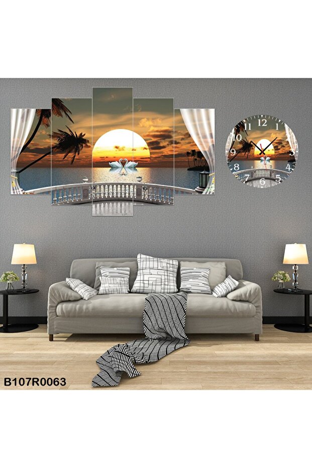 Parçalı Ahşap Duvar Tablo 5 Parça Set Ve Saatli - 1