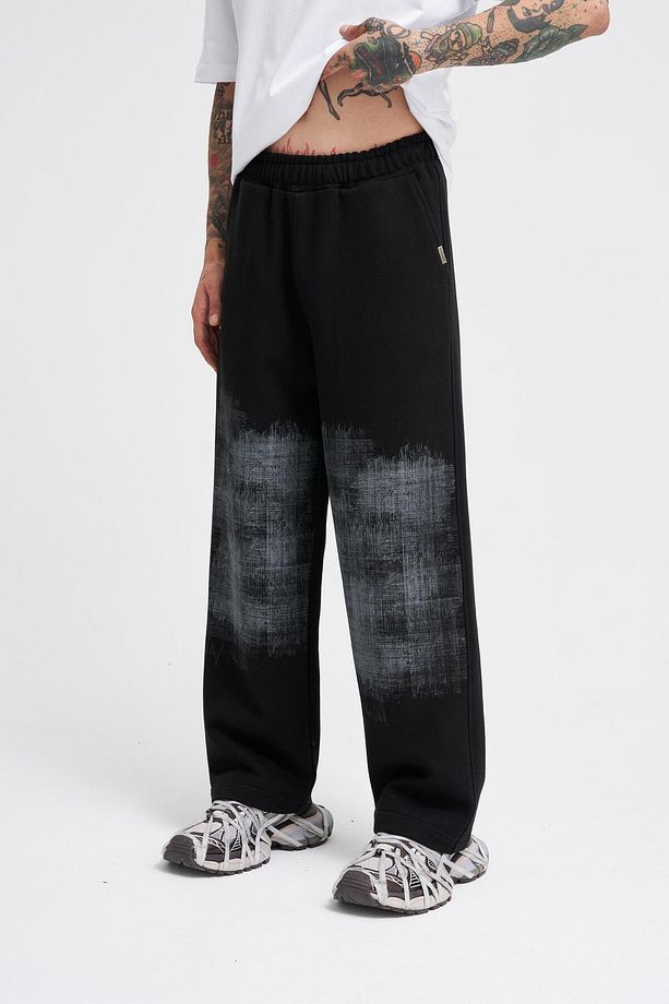 Erkek Distressed Printed Baggy Siyah Eşofman Altı - 3