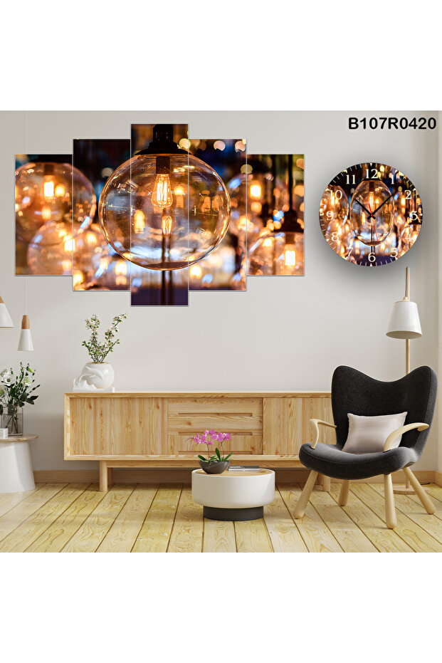 Parçalı Ahşap Duvar Tablo 5 Parça Set Ve saatli - 1
