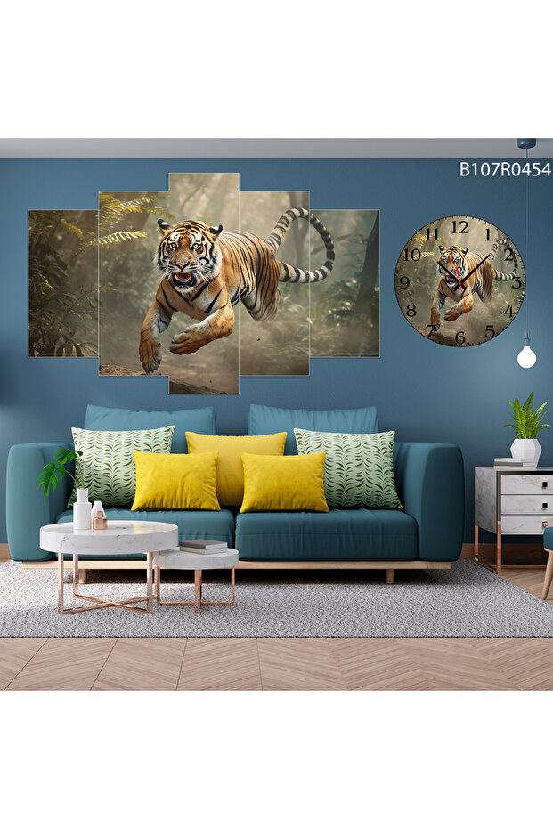 Parçalı Ahşap Duvar Tablo 5 Parça Set Ve saatli - 1