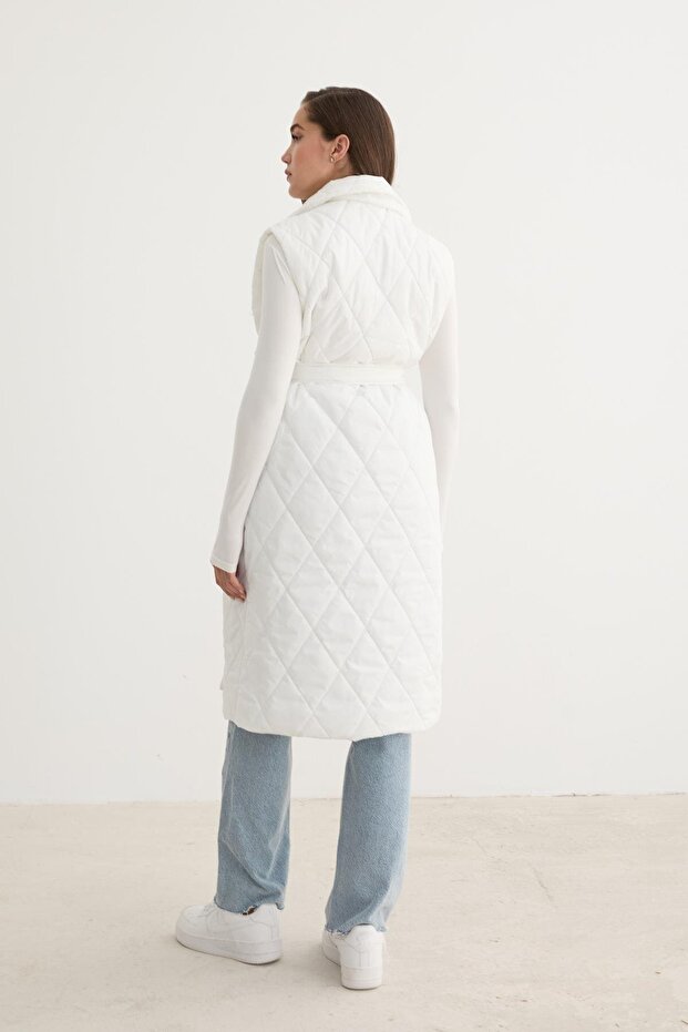 Önü Düğmeli Beli Kuşak Detaylı Kapitone Yelek EKRU - 4