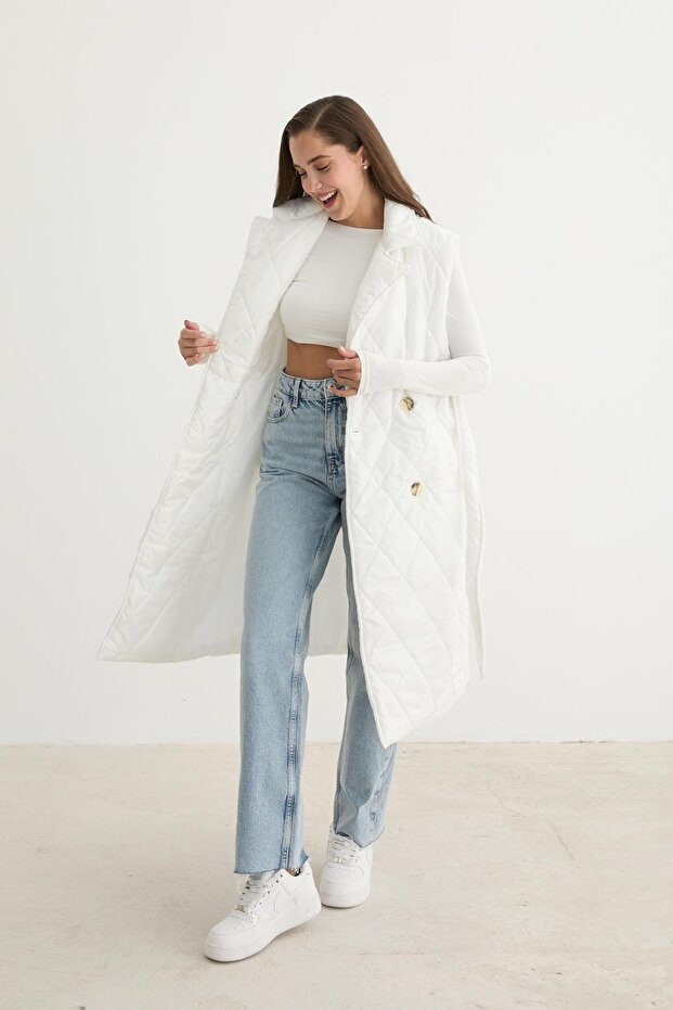 Önü Düğmeli Beli Kuşak Detaylı Kapitone Yelek EKRU - 3