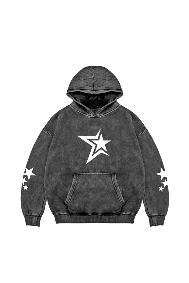 Washed Black 816 Stars Printed Oversize Unisex Hoodie