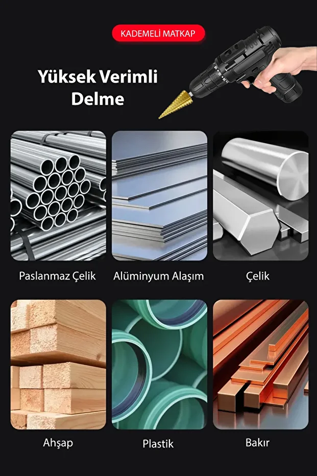 Yüksek Kaliteli Demir Delme Pançı Şarjlı Matkap Uyumlu Üç Farklı Boyutta Kademeli Delme Pancı Seti - 8