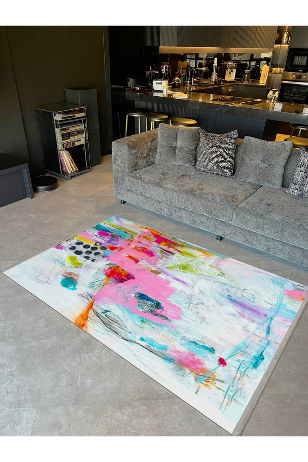 Özge Collection Oil Paint Look Multicolor Abstract Patterned Woven Base Decorative Carpet Ozge17
