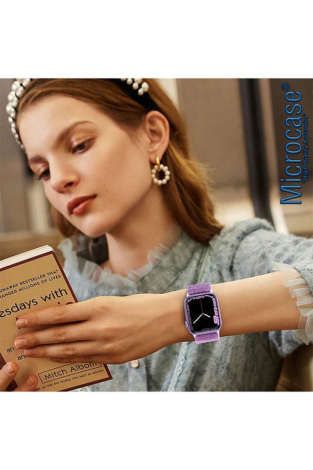 Apple Watch Series 10 42mm ile Uyumlu Simli Esnek Hasır Örgü Kordon Kayış - KY44-1 - 4