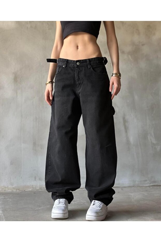 Black Side Buckle Baggy Palozzo Jeans