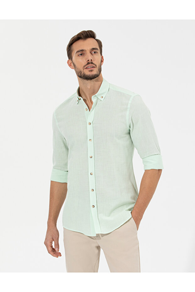 Green Slim Fit Long Sleeve Shirt 50268183-Vr054