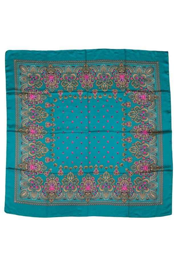 Ethnic Floral Patterned Satin Green Scarf - 90X90