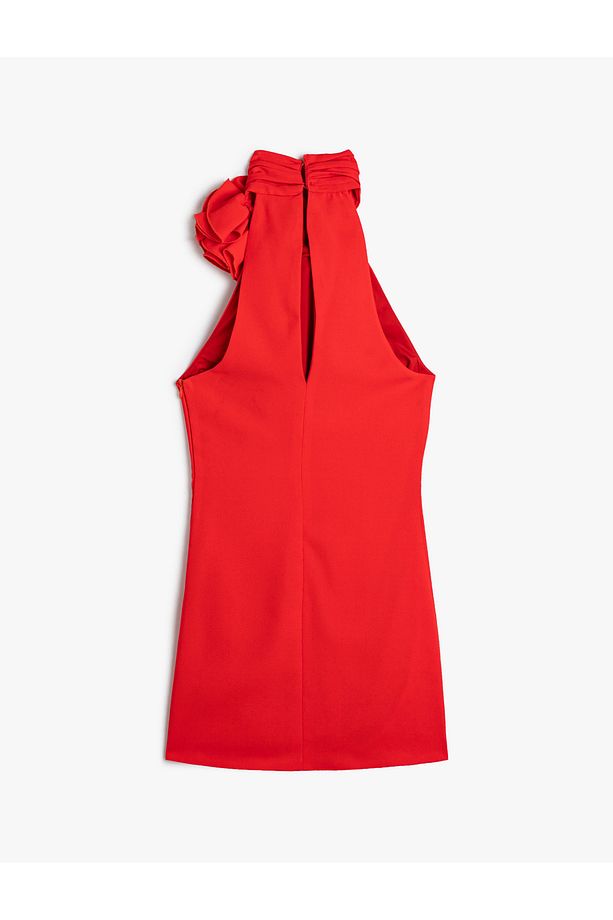 Mini Abiye Elbise Halter Yaka Aplike Detaylı Astarlı - 8
