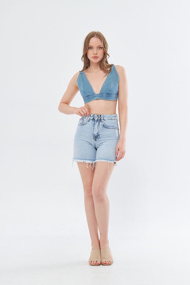 TREND Yıpratmalı  Denim  Şort - 5