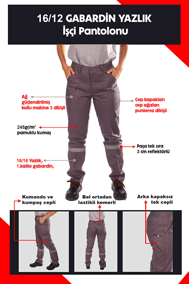 16/12 Gabardin Yazlık İşçi Pantolonu Tek Reflektörlü İş Pantolonu - 2