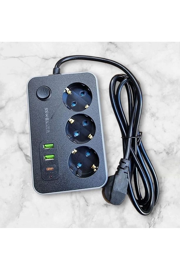 Akım Korumalı / 2 X Usb - 1 X Type-c Girişli / 3'lü Priz Uzatma Kablosu 2mt - 6