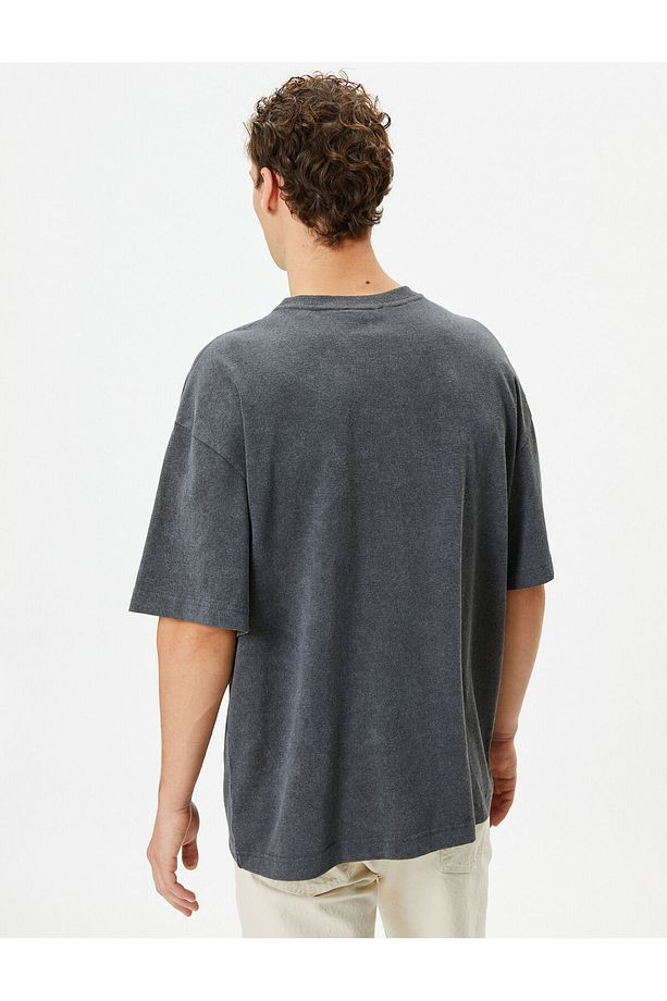 Yıkamalı Tişört Oversize Slogan İşlemeli Bisiklet Yaka - 4