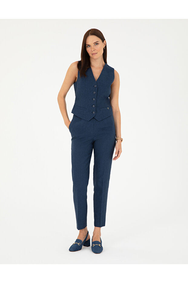 Navy Blue Carrot Fit Linen Trousers 50282075-Vr033