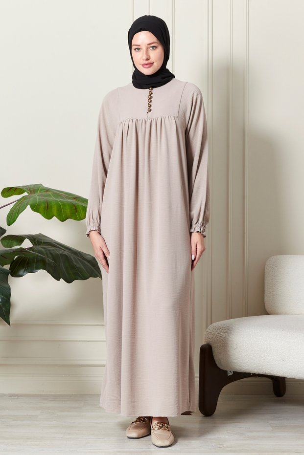 Shirred Robadan Buttoned Front Viscose Fabric Tesseture Clothing Mother Dress Prayer Dress