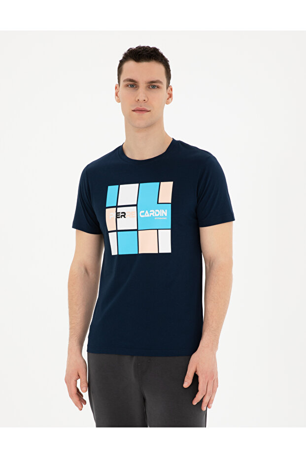 Navy Blue Slim Fit 100% Cotton Crew Neck T-Shirt 50280970-Vr033