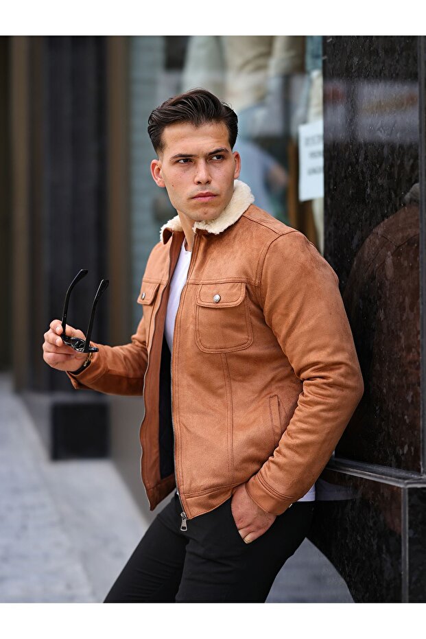 Zippered Suede Fur Tan Men's Jacket