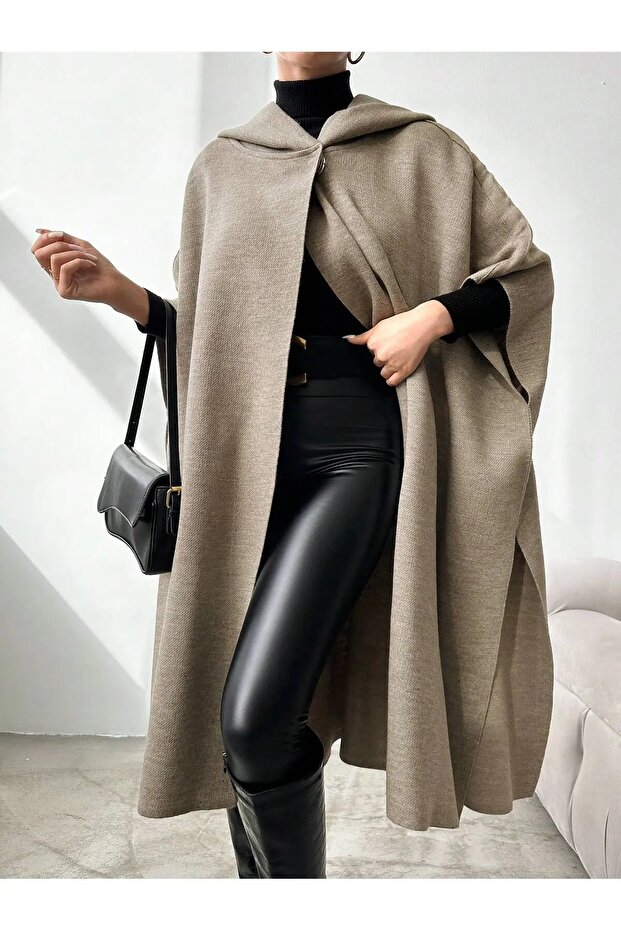 triko kapşonlu panço - 2