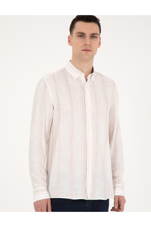 Light Pink Linen Blended Regular Fit Long Sleeve Shirt 50283522-Vr078