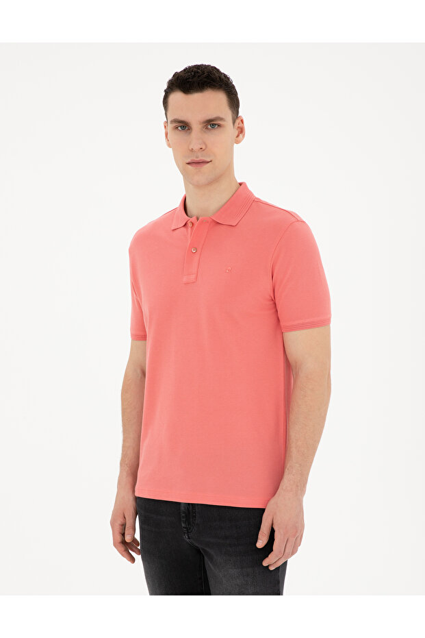 Pink Slim Fit 100% Cotton Basic Buttoned Polo Collar Basic T-Shirt 50280754-Vr186