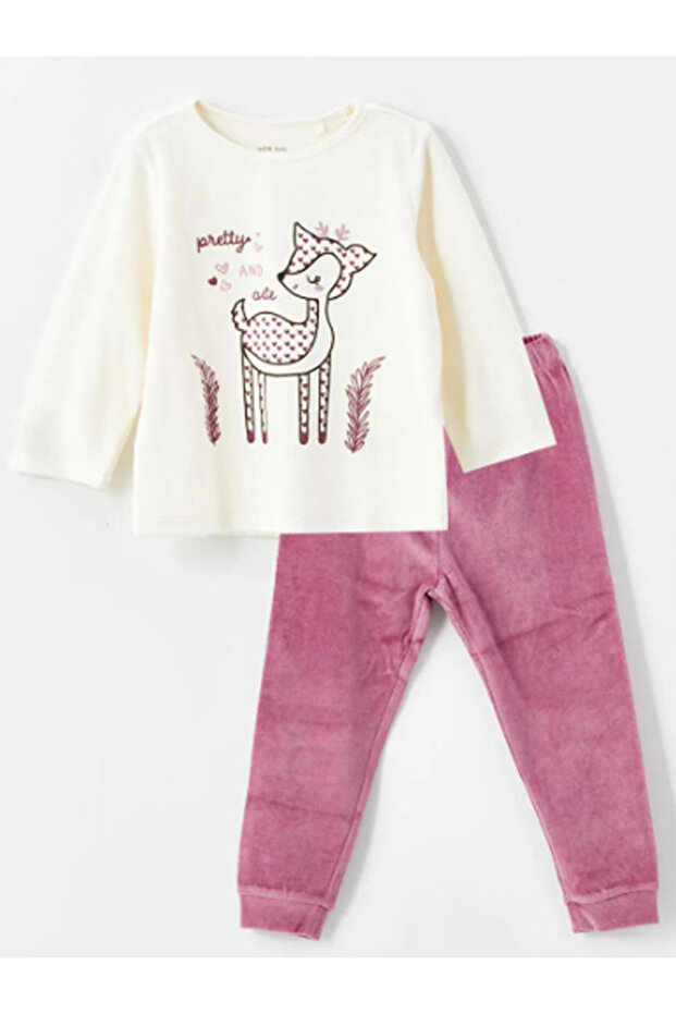 Ekru Kadife Bisiklet Yaka Baskılı Kız Bebek Pijama Takımı - 1