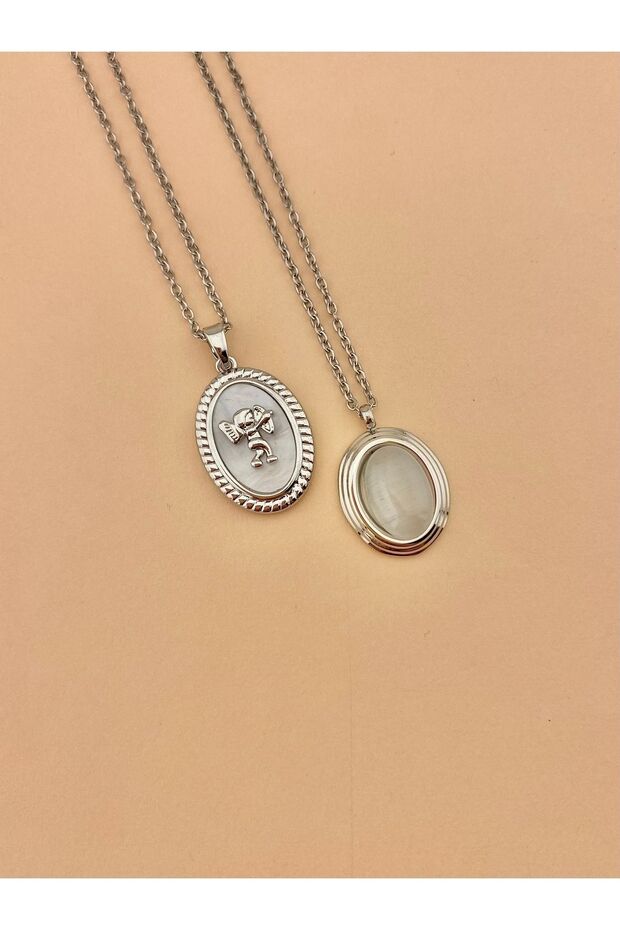 Çelik Sedefli Madalyon Kolye - 4