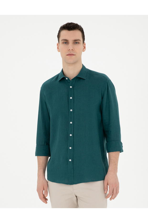 Emerald Linen Regular Fit Long Sleeve Shirt 50284915 -Vr055