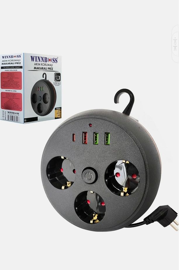 Siyah Termal Akım Korumalı Makaralı 3 x Priz 3 x Usb 1 x Type-C Priz - 5