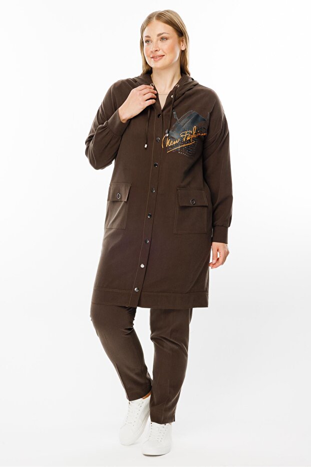 Modailgi Kapüşonlu Baskılı Tunik Kahve - 4