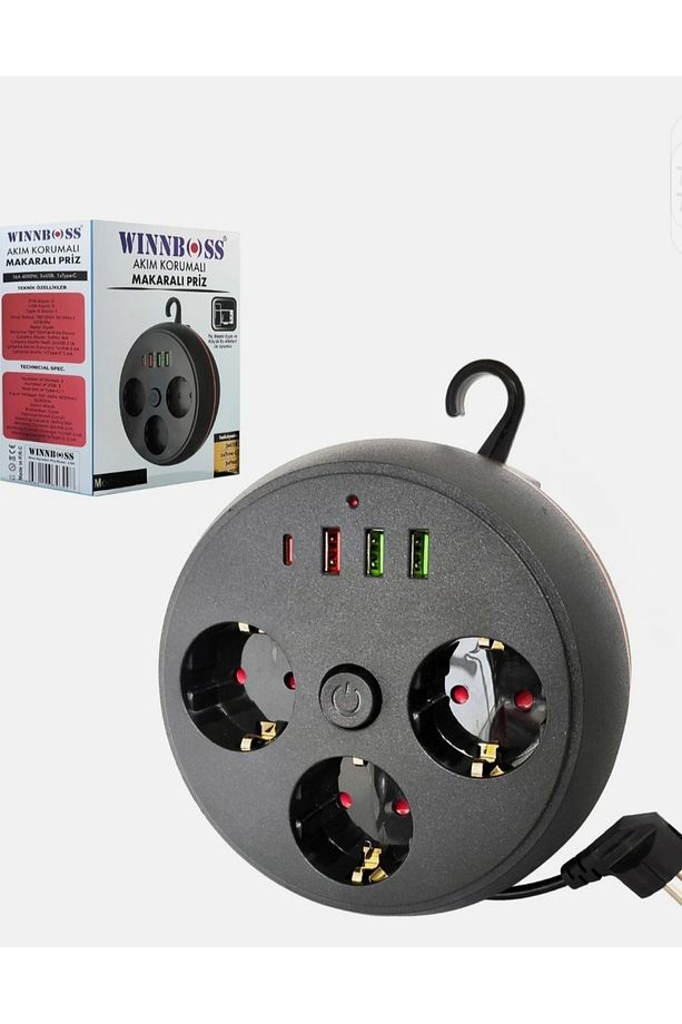 Siyah Termal Akım Korumalı Makaralı 3 x Priz 3 x Usb 1 x Type-C Priz - 3