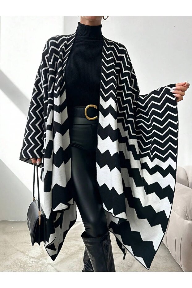 kadın çift taraflı kullanılabilen örmeli şal panço - 3