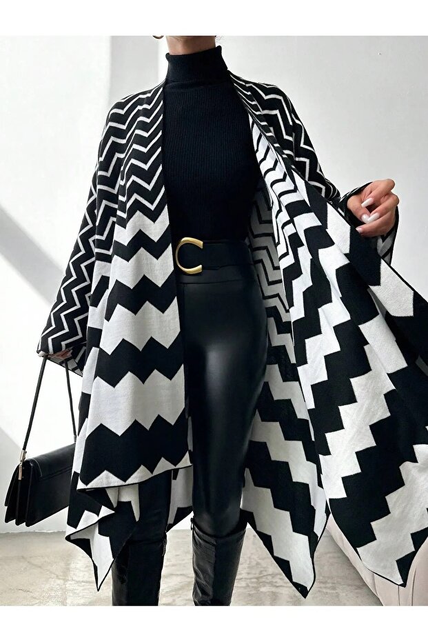 kadın çift taraflı kullanılabilen örmeli şal panço - 1