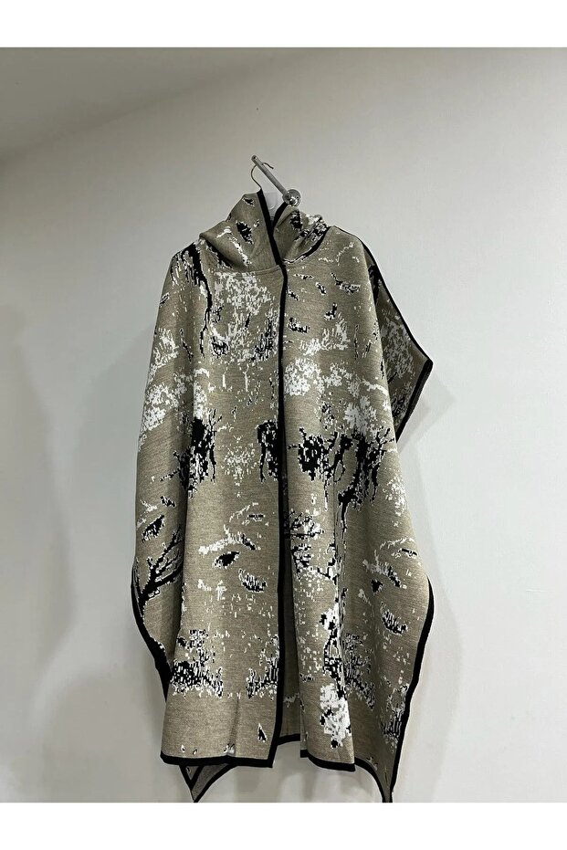 kadın kapüşonlu desenli triko panço - 1