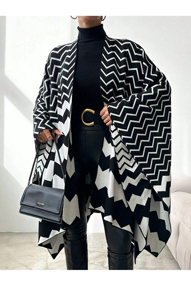 kadın çift taraflı kullanılabilen örmeli şal panço - 2