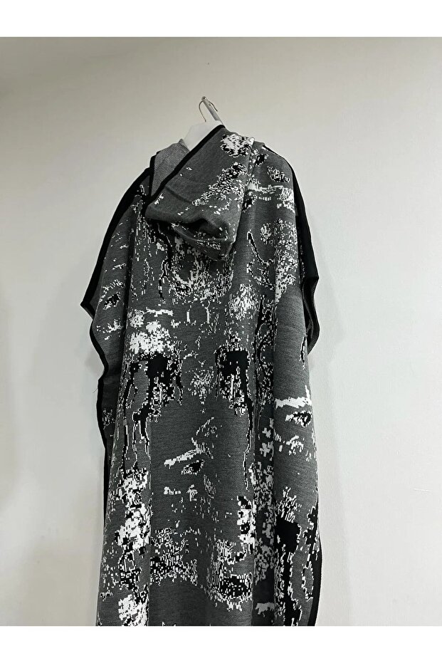 Kadın Kapüşonlu Desenli Triko Panço - 2