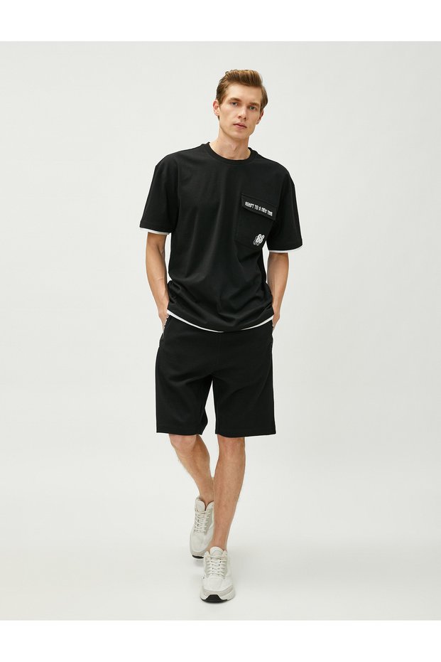 Zipper Pocket Shorts with Slogan Detail and Lace Waist Slim Fit