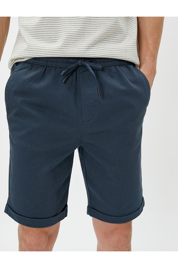 Basic Dokuma Şort Katlı Paça Beli Bağcıklı Cepli - 5