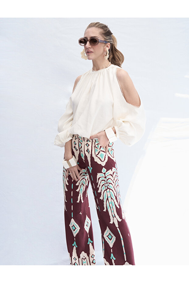 X Melis Ağazat - Ethnic Patterned Wide Leg Trousers Viscous Fabric with Pockets