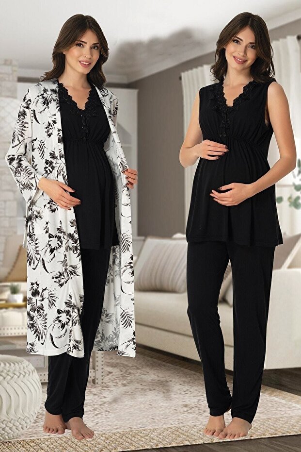 Effortt 8034 Pattern Maternity Pajamas with Dressing Gown