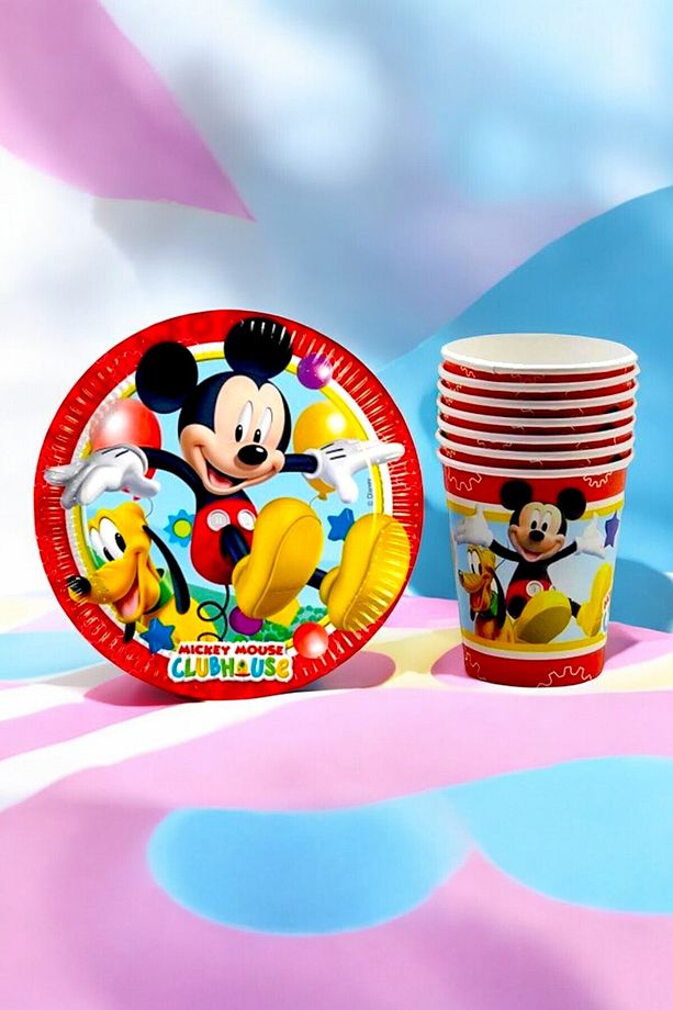 8 Adet Mickey Mouse Temalı Tabak Bardak Seti - Doğum Günü Parti ve Eğlenceli Etkinlikler İçin - 1